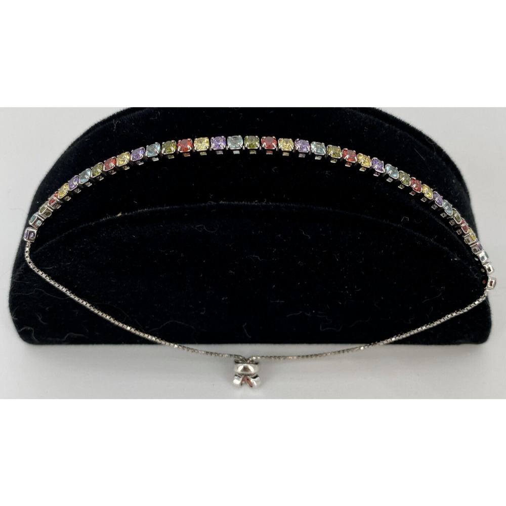 Sterling Silver 925 Lariat Tennis Bracelet w/ Multicolor Rainbow CZ Stones NEW